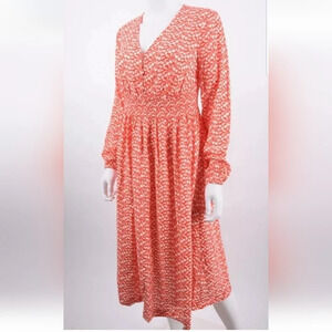 Boden Susannah Ruched V-Neck Front Button Midi Floral Dress Long Slv Dress